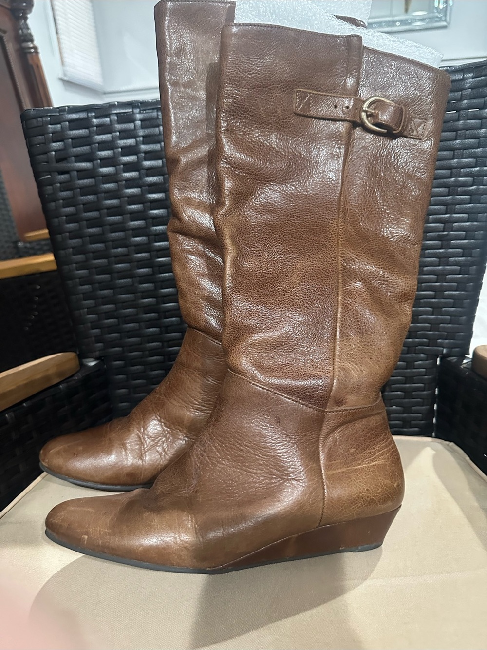 Steven By Steve Madden Brown distressed Leather Mid-Calf wedged Heeled Boot - Picture 2 of 8